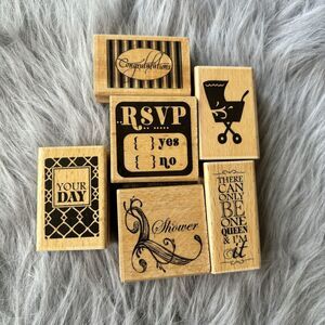 Lot of 6 Wood Rubber Stamps Shower Baby Congratulations Your Day RSVP Party Art